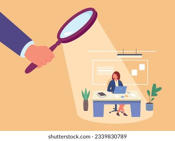 Work supervision. Employee control, observational boss supervise overworked manager advice apprentice, professional guidace processing, spy hand with magnifier vector illustration of control employee