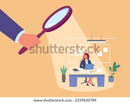 Work supervision. Employee control, observational boss supervise overworked manager advice apprentice, professional guidace processing, spy hand with magnifier vector illustration of control employee