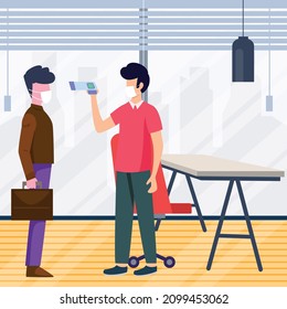 A work supervisor is checking an employee's temperature before entering the office for work. Vector colorful illustration. Office.