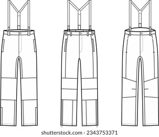 Work suspender pants flat sketch. Working trousers set apparel design.  Front back. Men CAD mockup. Technical drawing template. Vector illustration.