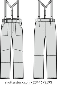 Work suspender pants flat sketch. Working trousers apparel design.  Front back. Men CAD mockup. Technical drawing template. Vector illustration.