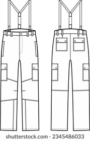 Work suspender pants flat sketch. Working trousers apparel design. Front and back. Men CAD mockup. Technical drawing template. Vector illustration.