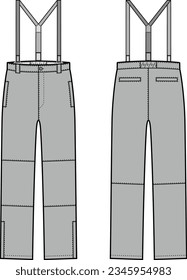 Work suspender pants flat sketch. Working trousers apparel design. Front and back. Men CAD mockup. Technical drawing template. Vector illustration.