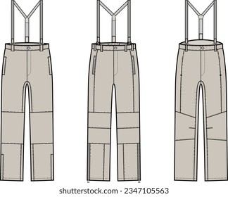 Work suspender pants flat sketch. Working wear apparel design. Front view. Men CAD mockup. Fashion technical drawing template. Vector illustration.