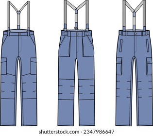 Work suspender pants with pockets flat sketch. Working wear apparel design. Men CAD mockup. Fashion technical drawing template. Vector illustration.