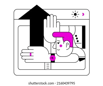 Trabajo en el sistema - ilustración de diseño plano colorido con elementos lineales. Composición de color púrpura con ventana de navegador y autónomo trabajando en el ordenador. Tecnologías, empleados, progreso