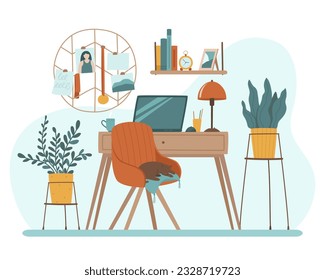 Work table with a chair in the interior. Houseplants, a bookshelf and a sleeping cat complete the work space. Workplace for remote work. Flat vector illustration.