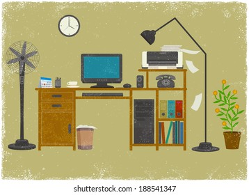 Work table with computer and books in vintage vector style