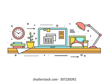 Work table with computer, lamp, coffee, books. Workplace room interior. Thin line style vector illustration.