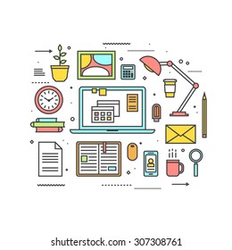 Work table with computer, lamp, coffee, books and other objects.  Workplace room interior. Thin line style vector illustration.