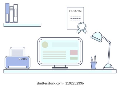 Work table with computer, printer, lamp, certificate and book shelf. Linear style illustration. Modern concept for web pages and mobile application. Vector illustration.