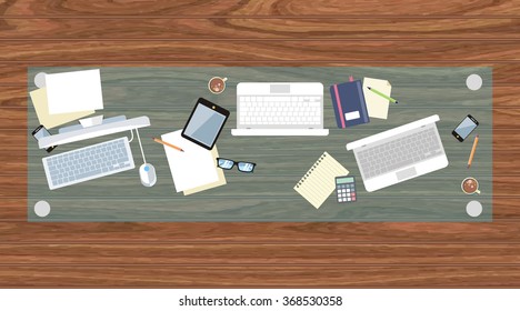 Work table document and laptop design flat. Work  workplace office, office workplace, office interior, business table, workspace place, folder and document workspace, graph chart illustration