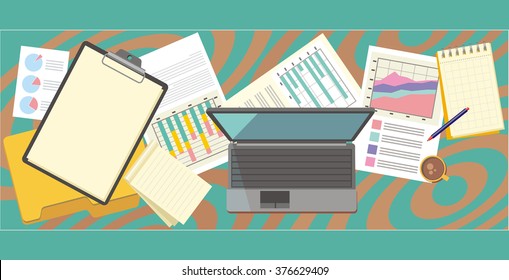 Work table document and laptop design flat. Work  workplace office, office workplace, office interior, business table, workspace place, folder and document workspace, graph chart illustration