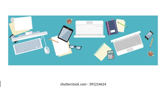 Work table document and laptop design flat. Office workplace interior, business table, workspace place, folder and document workspace, graph chart vector illustration