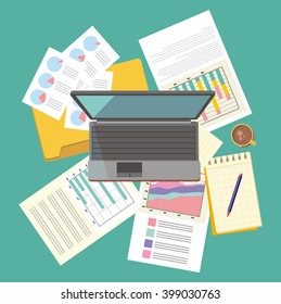 Work table document and laptop design flat. Workplace office, office interior, business table, workspace place, folder and document workspace, graph chart vector illustration