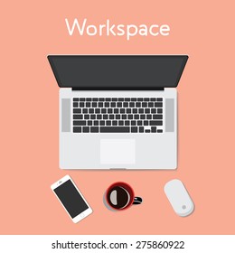 Work Table Illustration. There is a laptop, a computer mouse, a mobile phone and a cup of coffee on the table.
