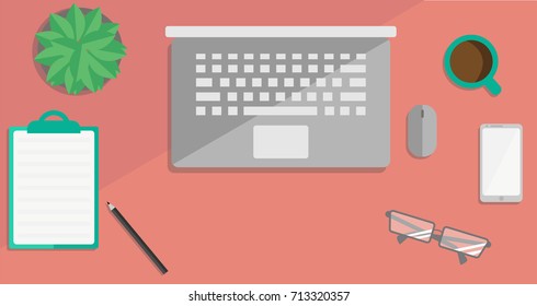 Work Table with Laptop, cellphone, glasses, pencil and coffee mug. Work Place Colorful Simple Flat Design