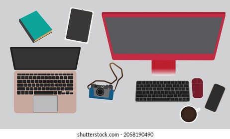 work table with laptop desktop keyboard tablet smartphone mouse coffee camera and book vector illustration