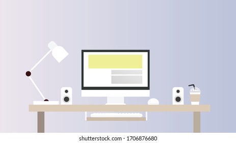 work table with shades of white, monitor, keyboard, mouse, speaker, desk lamp. flat design. vector illustration