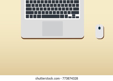 Work Table Top View with keyboard and mouse on brown background. Top view with copy space