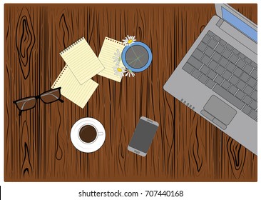 work table view on. on the computer desk, glasses, a cup of coffee and a vase of flowers, a yellow notebook. working environment. vector illustration