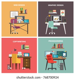 Work tables set. Designer, programmer and copywriter