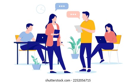 Work talk and discussion - People in office having business conversation with speech bubbles and digital devices in hands. Flat design vector illustration with white background