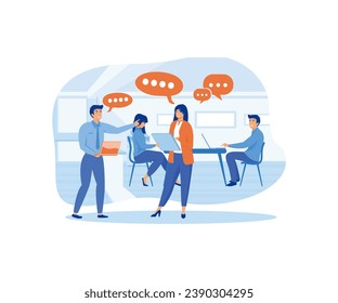 Work talk and discussion. People in office having business conversation with speech bubbles and digital devices in hands.  flat vector modern illustration 