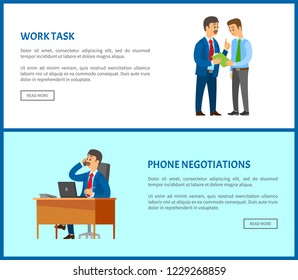 Work task from boss to employee and phone negotiations vector poster. Boss leader speaking on telephone, conversation with client in support center