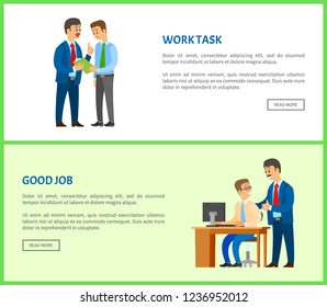 Work task and good job, company leader supervising new office worker vector. Director pleased with work of employee, praising and encouraging him