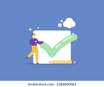 The work or task has been completed. The project has been completed. Everything has been done. a businessman with a tick. Give a check to a box. checkbox. illustration concept design. vector elements