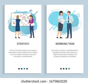 Work task and strategy planning vector, business women looking for plan to solve problem. Workers finding solution, team thinks about project. Website or slider app, landing page flat style