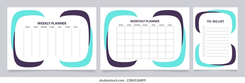 Work tasks planner worksheet design templates set. Printable goal setting sheet. Editable time management sample. Scheduling page for organizing personal tasks. Arial Regular font used