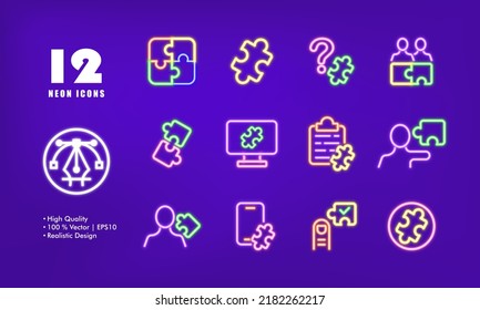 Arbeiten Sie mit dem Rätsel-Symbol. Lösen Sie Probleme, führen Sie, Fragezeichen, Menschen, Computer, Zwischenablage, Telefon, Markierung, Mitarbeiter, Finger. Geschäftskonzept. Neonleuchte. Vektorliniensymbol für Business.