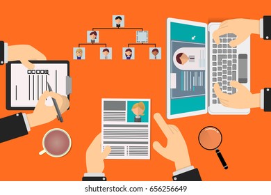 Work team choosing resumes of candidates to fill vacancy, hierarchy of business positions