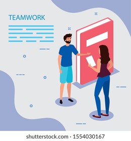 work team couple with book vector illustration design