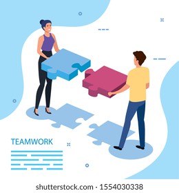 work team couple with puzzle pieces vector illustration design