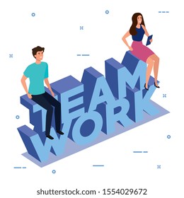 work team couple sitting in lettering vector illustration design