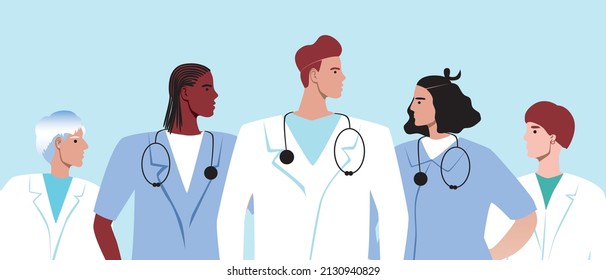 Work in team of doctors. Flat vector stock illustration. Multicultural people in white coats with statoscope are isolated. Medical education. Nurses and doctors together