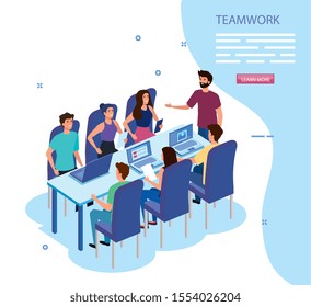 work team group in meeting avatar characters vector illustration design