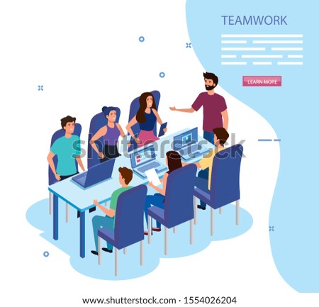 work team group in meeting avatar characters vector illustration design