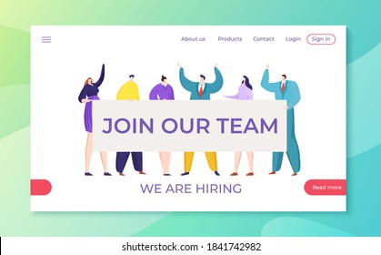 Work team hiring flat employee, announcement background banner vector illustration. Business job hire concept design. Graphic employment with megaphone, communication for recruitment.