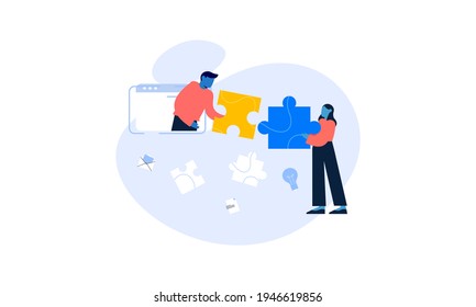 Work team joining puzzle pieces, brainstorming, collaboration, partnership concept 
