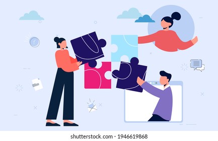 Work team joining puzzle pieces, brainstorming, collaboration, partnership concept 