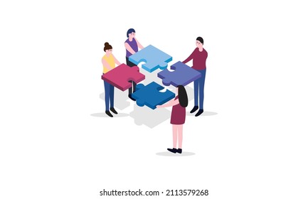Equipo de trabajo uniendo piezas de rompecabezas, lluvia de ideas, colaboración, ilustración de concepto de asociación