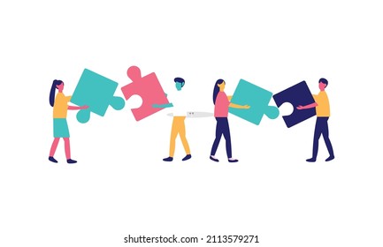 Work team joining puzzle pieces, brainstorming, collaboration, partnership concept illustration