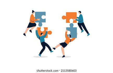 Work team joining puzzle pieces, brainstorming, collaboration, partnership concept illustration