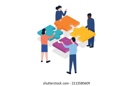 Work team joining puzzle pieces, brainstorming, collaboration, partnership concept illustration