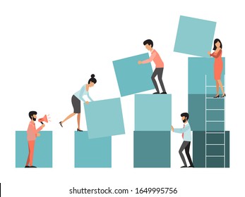 Work team people building cubes vector illustration. Business people above a stacked cubes.Teamwork, cooperation, partnership concept. Human build cube construction, business metaphor.