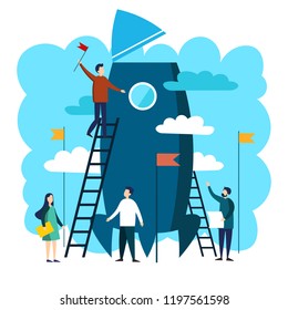 Work team of people constructing space rocket. Business success metaphor in minimalistic flat style. Cartoon vector illustration